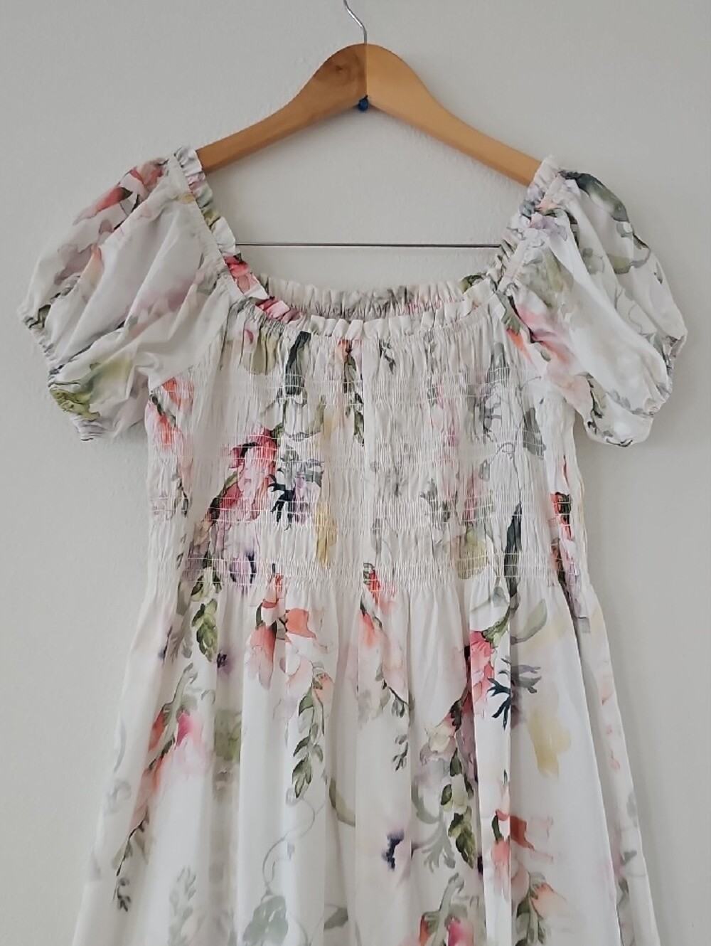 H&M Sz L Floral Print Off the Shoulder Puff-Sleeve Smocked Poplin Midi Dress - Picture 13 of 14